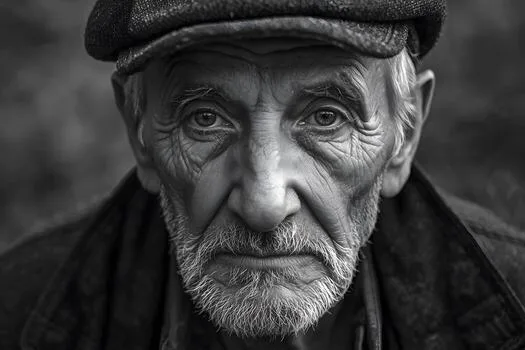 A striking black and white portrait of an elderly man with characterful wrinkles.